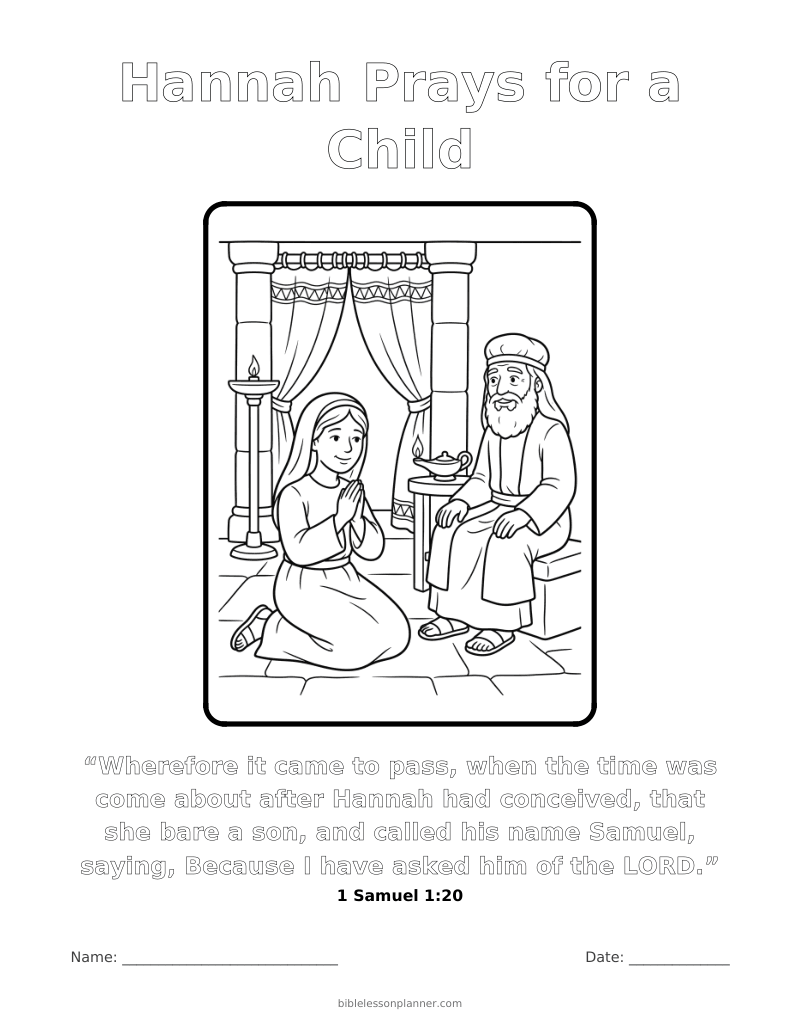 Hannah Prays for a Child coloring page to print, with the memory verse 1 Samuel 1:20
