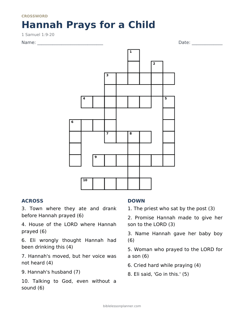 Hannah Prays for a Child Bible crossword puzzle to print, with across and down clues