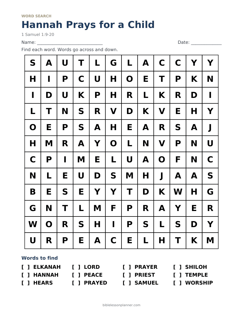 Hannah Prays for a Child Bible word search to print, with words like ELKANAH, HANNAH, HEARS and more