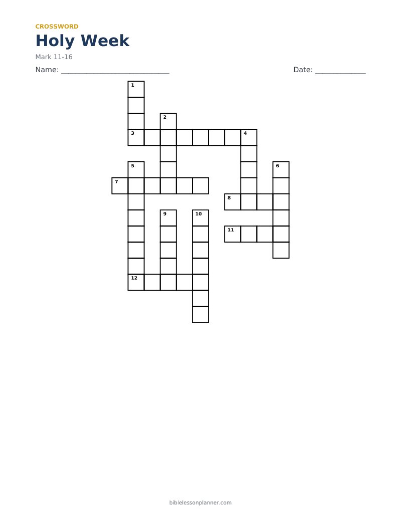 Holy Week Bible crossword puzzle to print, with across and down clues