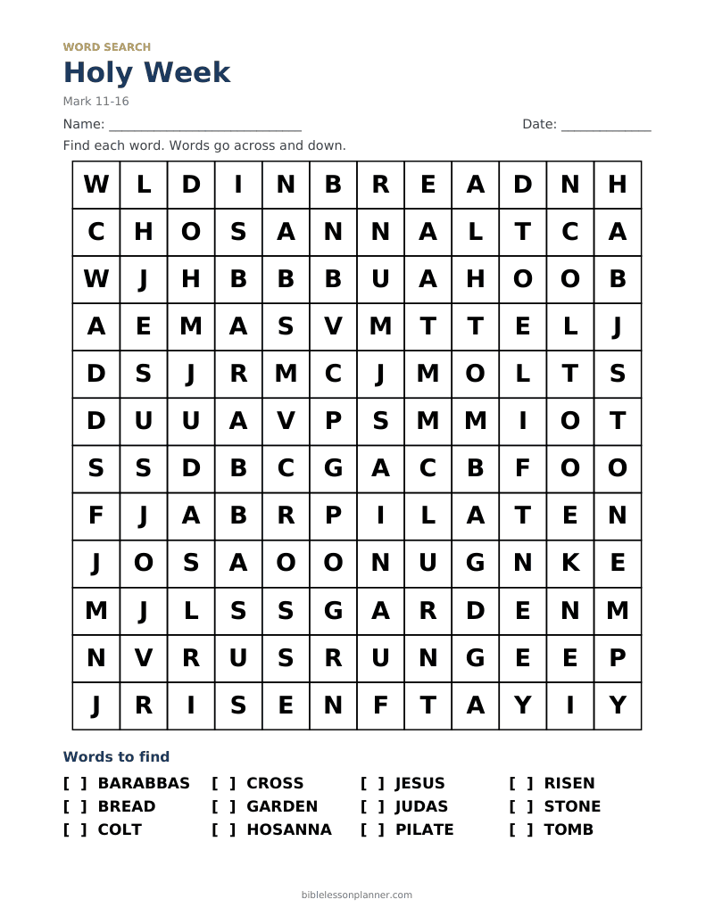 Holy Week Bible word search to print, with words like BARABBAS, BREAD, COLT and more