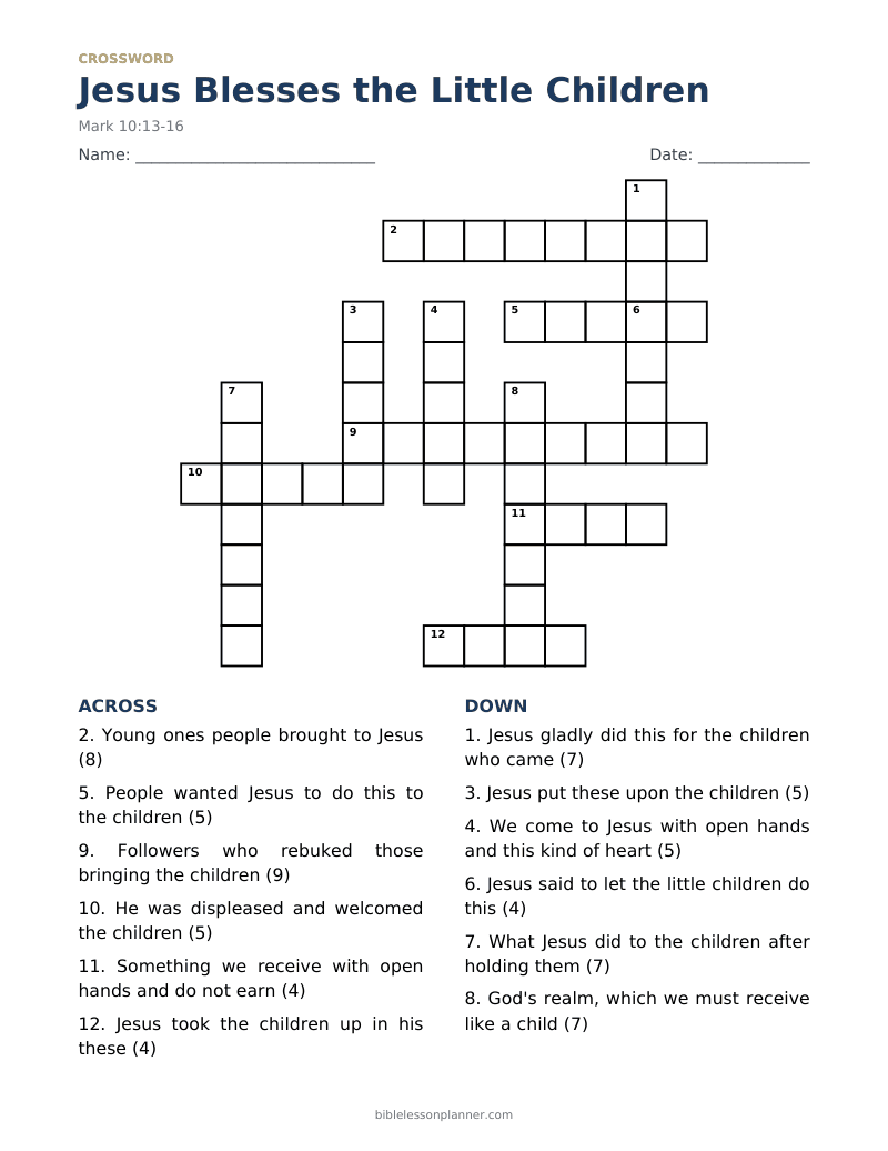 Jesus Blesses the Little Children Bible crossword puzzle to print, with across and down clues