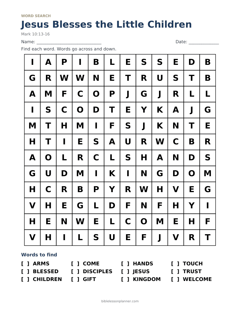Jesus Blesses the Little Children Bible word search to print, with words like ARMS, BLESSED, CHILDREN and more
