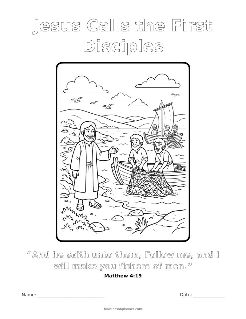 Jesus Calls the First Disciples coloring page to print, with the memory verse Matthew 4:19