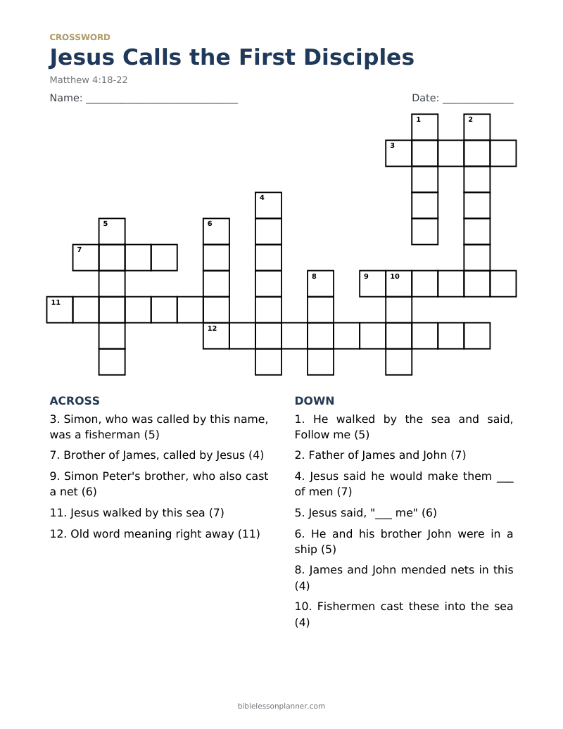 Jesus Calls the First Disciples Bible crossword puzzle to print, with across and down clues
