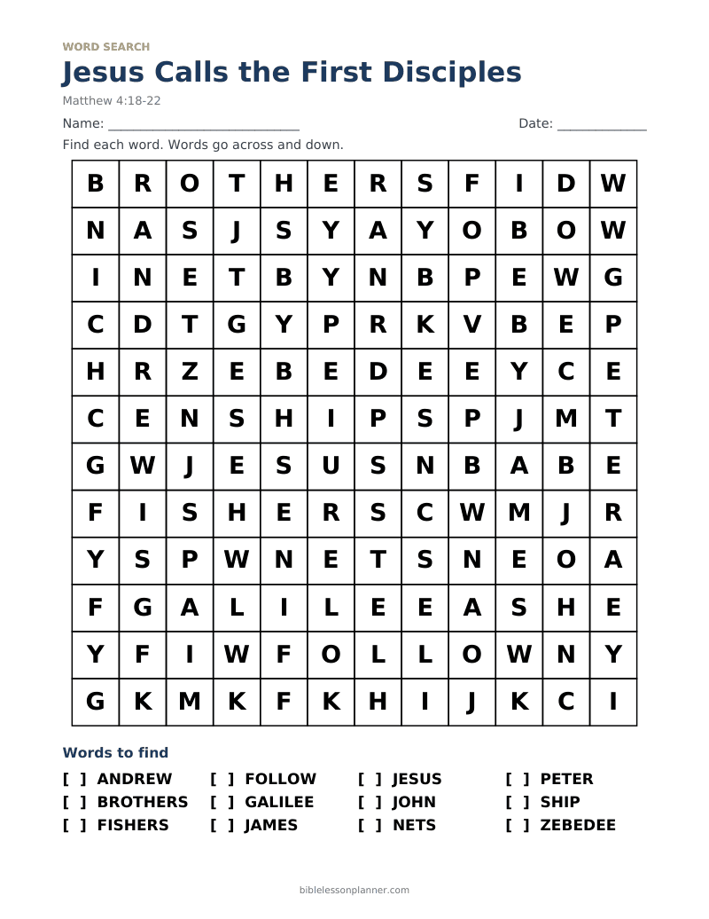 Jesus Calls the First Disciples Bible word search to print, with words like ANDREW, BROTHERS, FISHERS and more