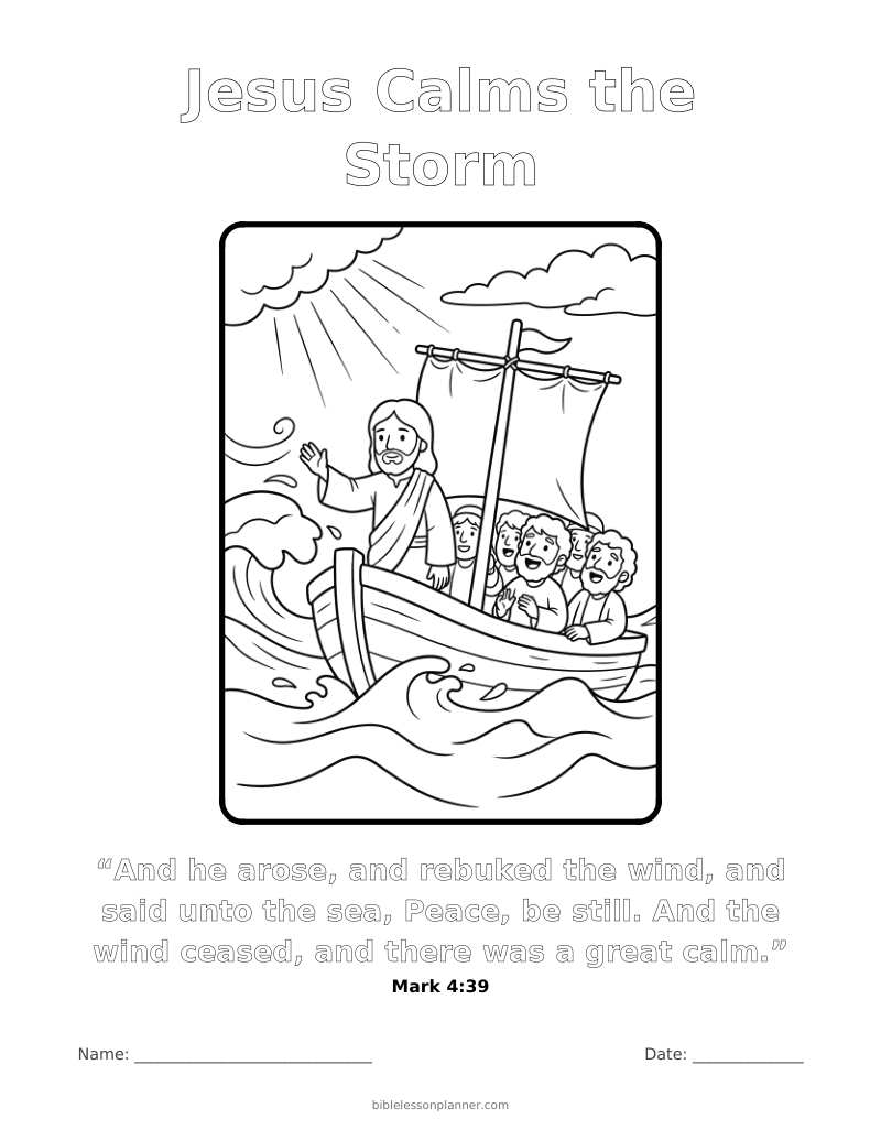 Jesus Calms the Storm coloring page to print, with the memory verse Mark 4:39