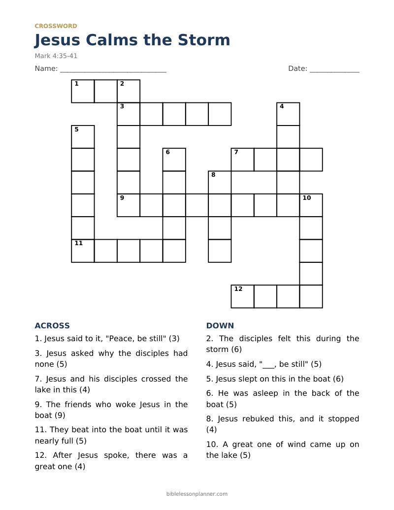 Jesus Calms the Storm Bible crossword puzzle to print, with across and down clues