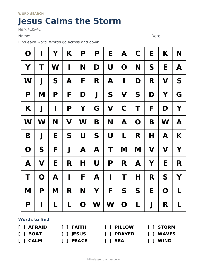 Jesus Calms the Storm Bible word search to print, with words like AFRAID, BOAT, CALM and more