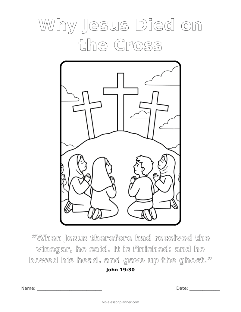 Why Jesus Died on the Cross coloring page to print, with the memory verse John 19:30