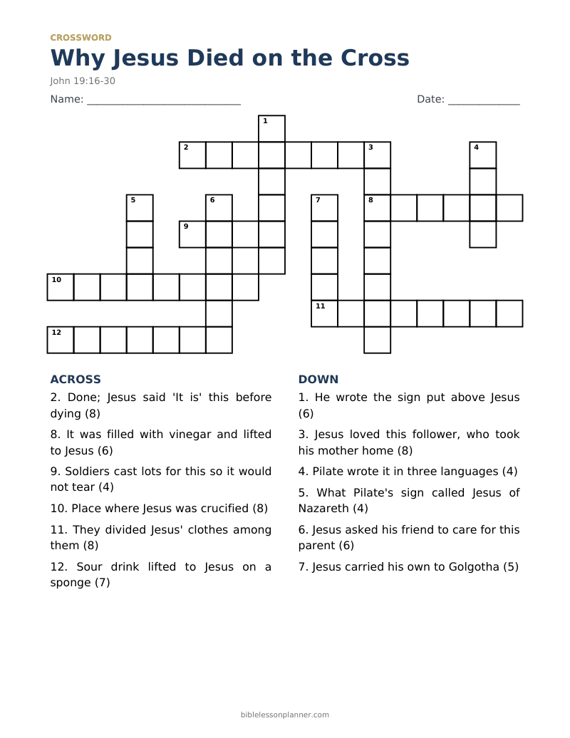 Why Jesus Died on the Cross Bible crossword puzzle to print, with across and down clues