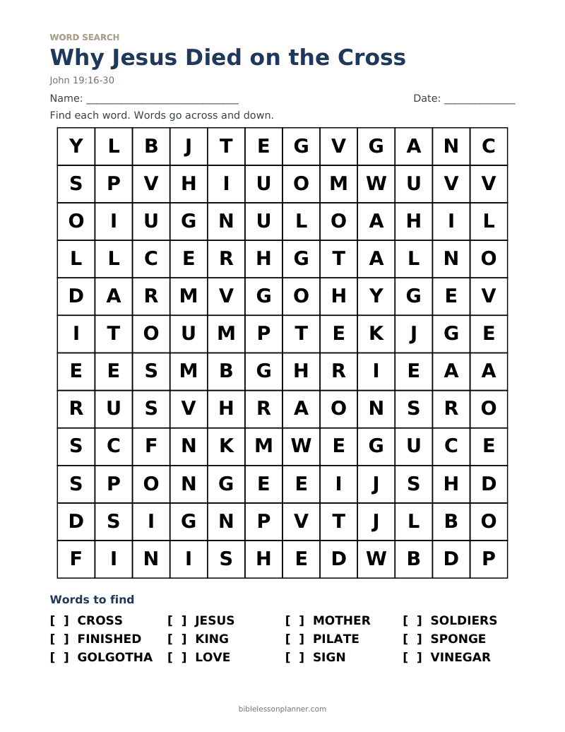Why Jesus Died on the Cross Bible word search to print, with words like CROSS, FINISHED, GOLGOTHA and more