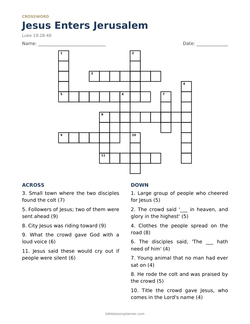 Jesus Enters Jerusalem Bible crossword puzzle to print, with across and down clues
