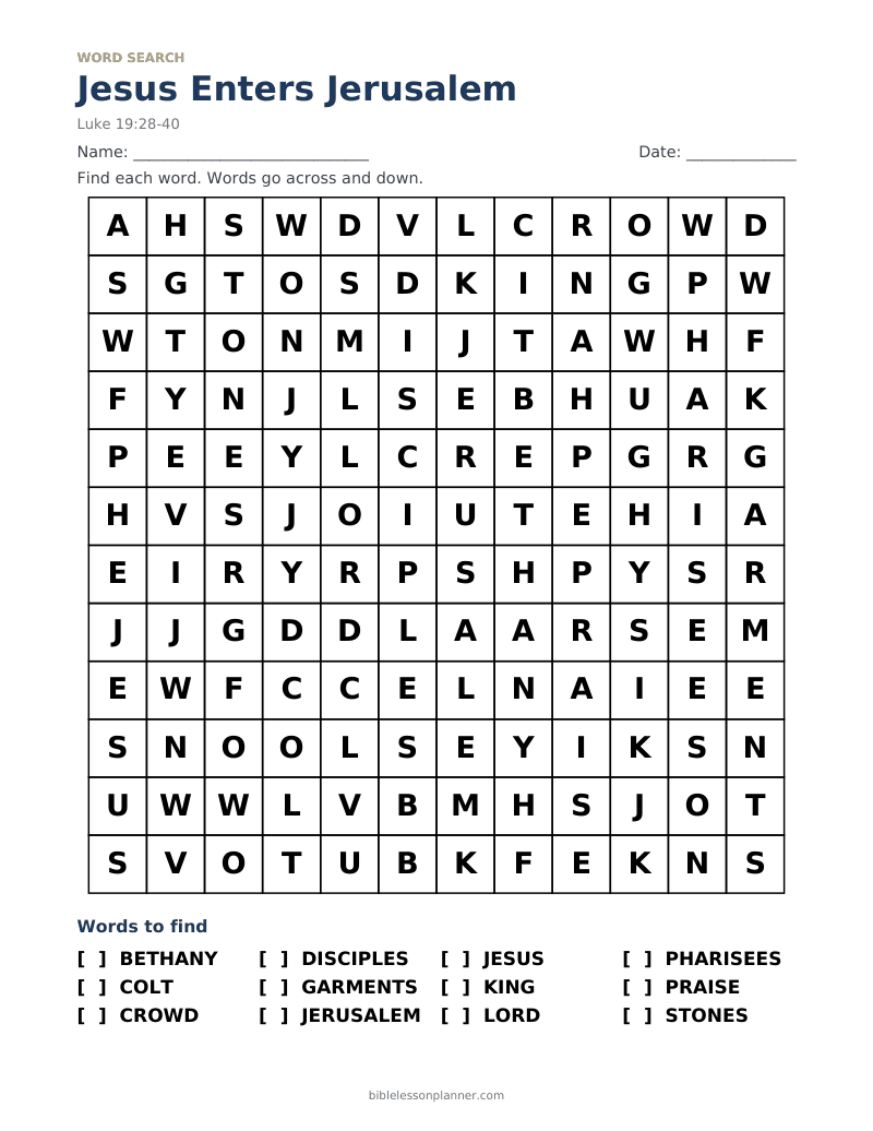 Jesus Enters Jerusalem Bible word search to print, with words like BETHANY, COLT, CROWD and more