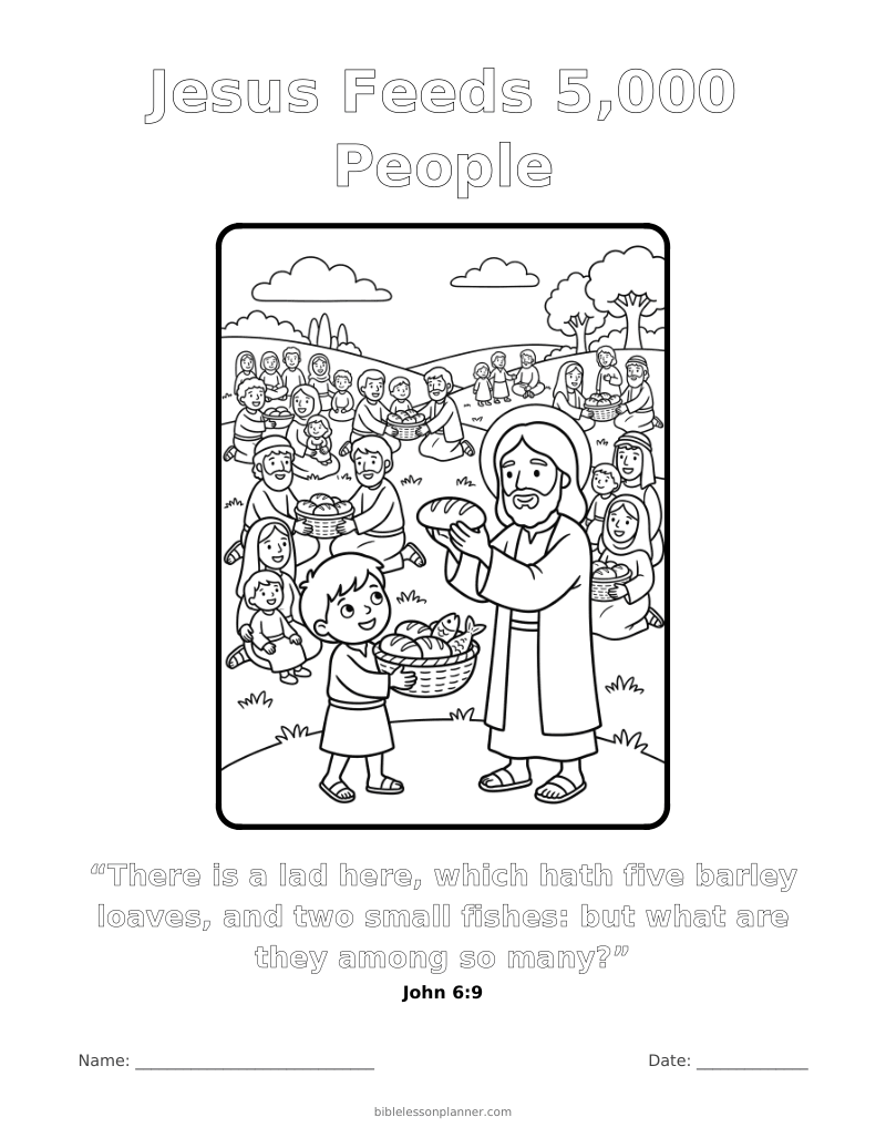 Jesus Feeds 5,000 People coloring page to print, with the memory verse John 6:9
