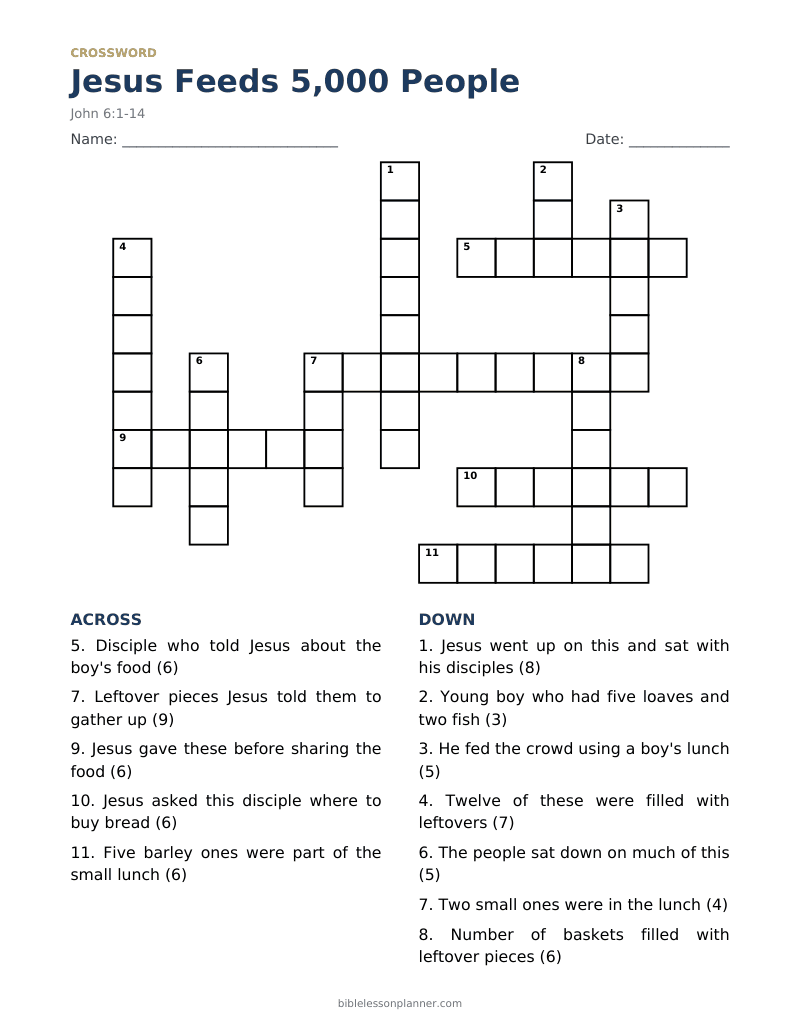 Jesus Feeds 5,000 People Bible crossword puzzle to print, with across and down clues