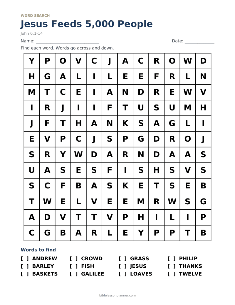 Jesus Feeds 5,000 People Bible word search to print, with words like ANDREW, BARLEY, BASKETS and more