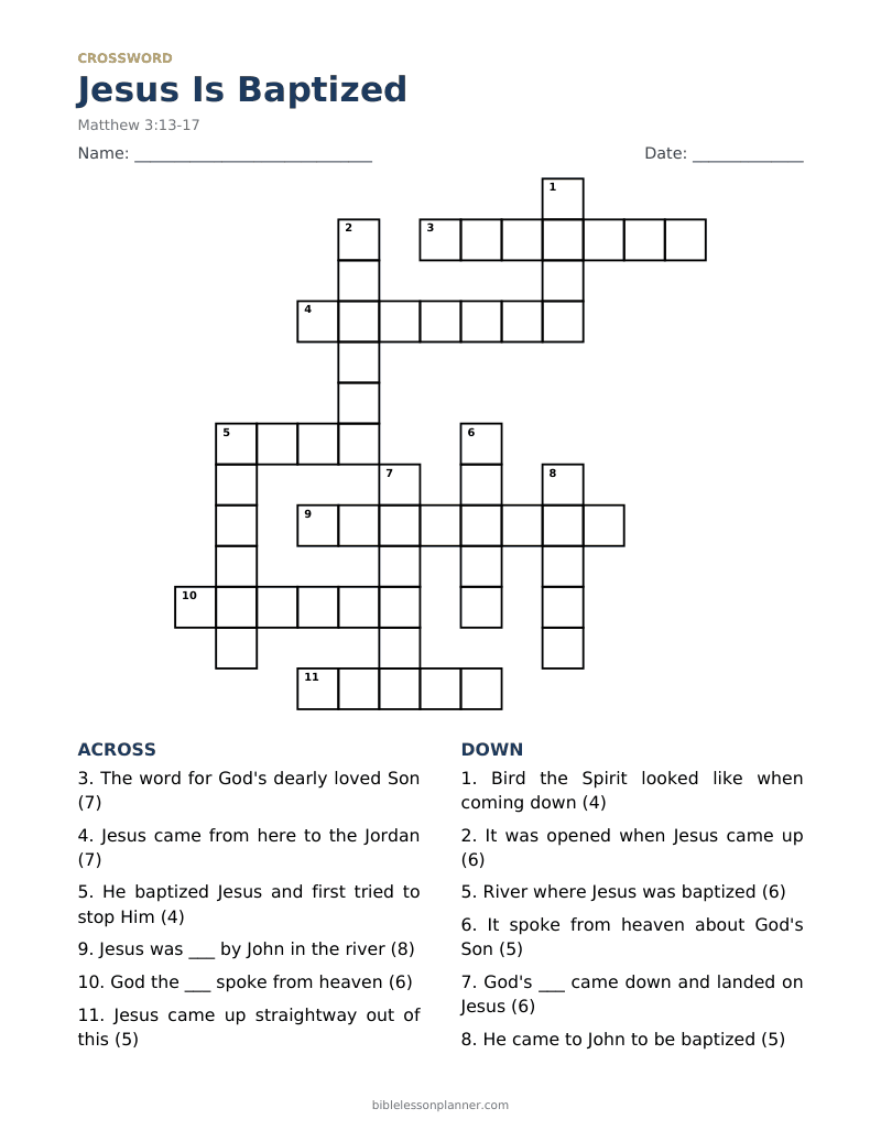 Jesus Is Baptized Bible crossword puzzle to print, with across and down clues