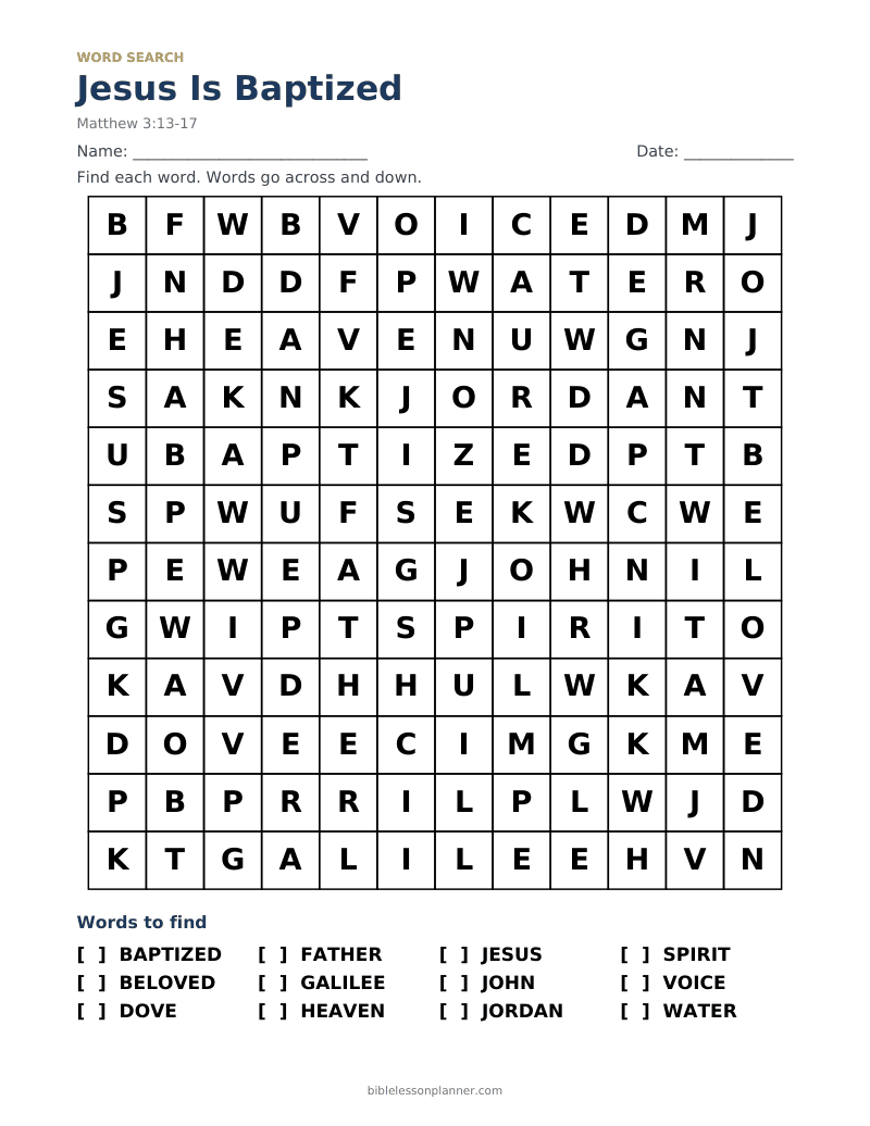 Jesus Is Baptized Bible word search to print, with words like BAPTIZED, BELOVED, DOVE and more