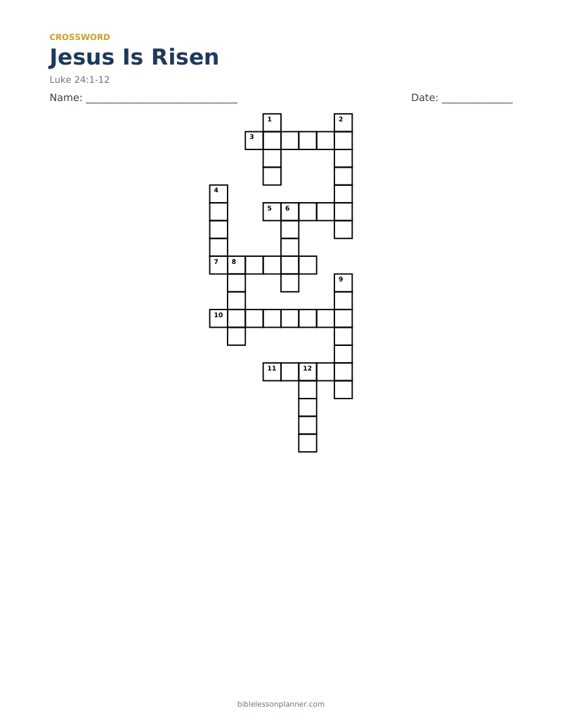 Jesus Is Risen Bible crossword puzzle to print, with across and down clues