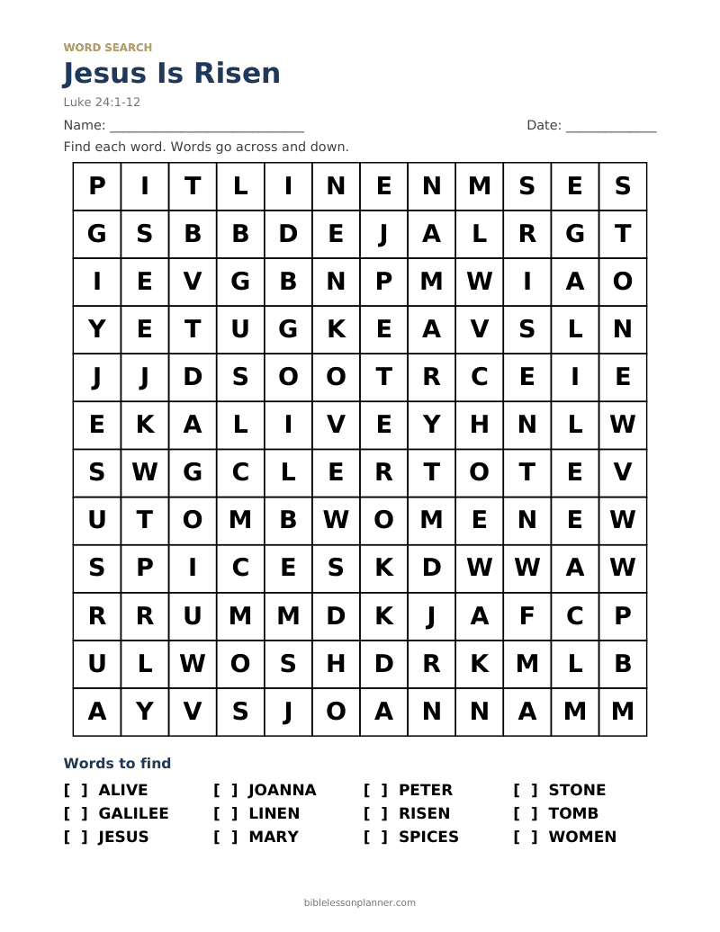 Jesus Is Risen Bible word search to print, with words like ALIVE, GALILEE, JESUS and more