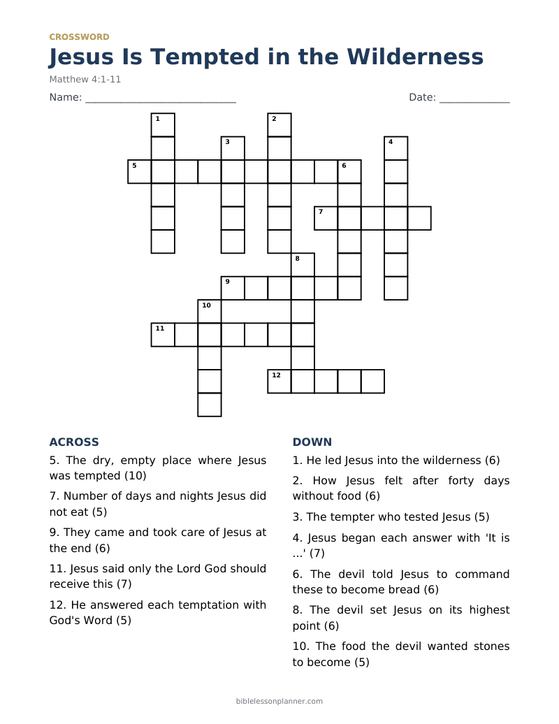 Jesus Is Tempted in the Wilderness Bible crossword puzzle to print, with across and down clues