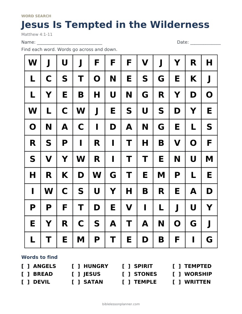 Jesus Is Tempted in the Wilderness Bible word search to print, with words like ANGELS, BREAD, DEVIL and more