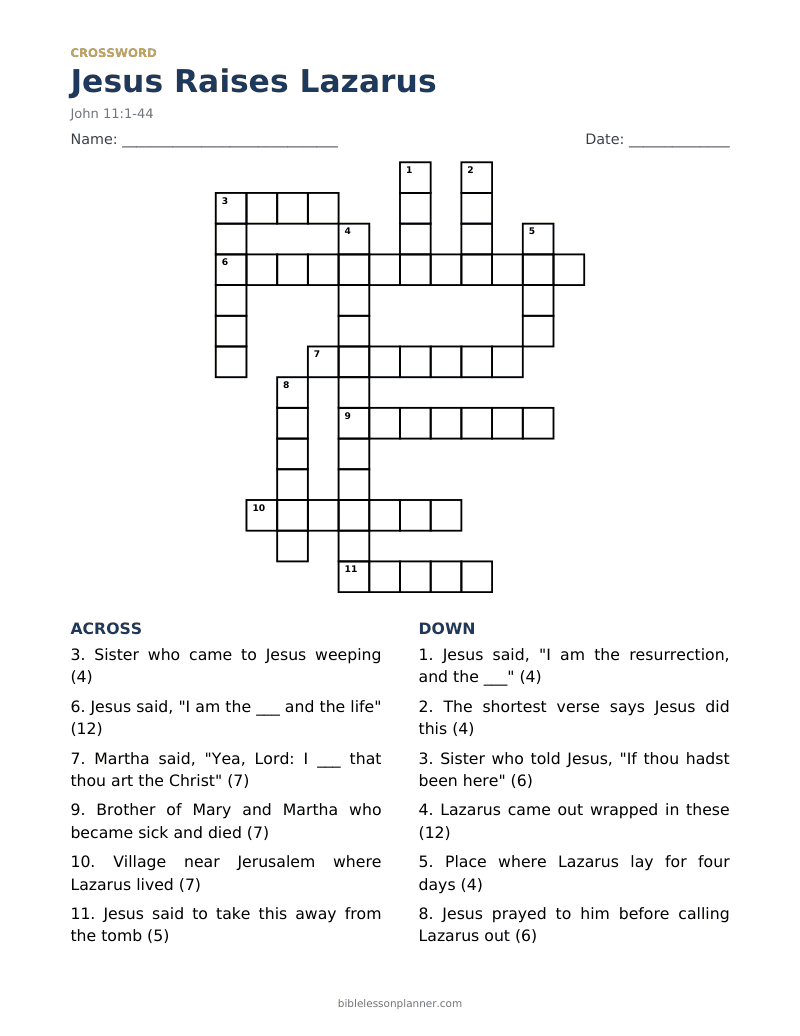Jesus Raises Lazarus Bible crossword puzzle to print, with across and down clues