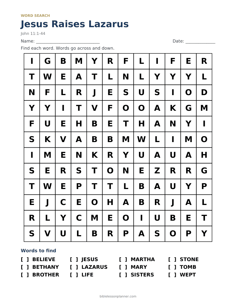 Jesus Raises Lazarus Bible word search to print, with words like BELIEVE, BETHANY, BROTHER and more