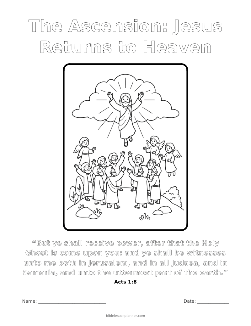 The Ascension: Jesus Returns to Heaven coloring page to print, with the memory verse Acts 1:8