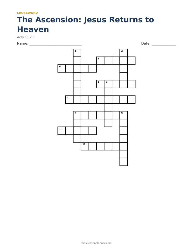 The Ascension: Jesus Returns to Heaven Bible crossword puzzle to print, with across and down clues