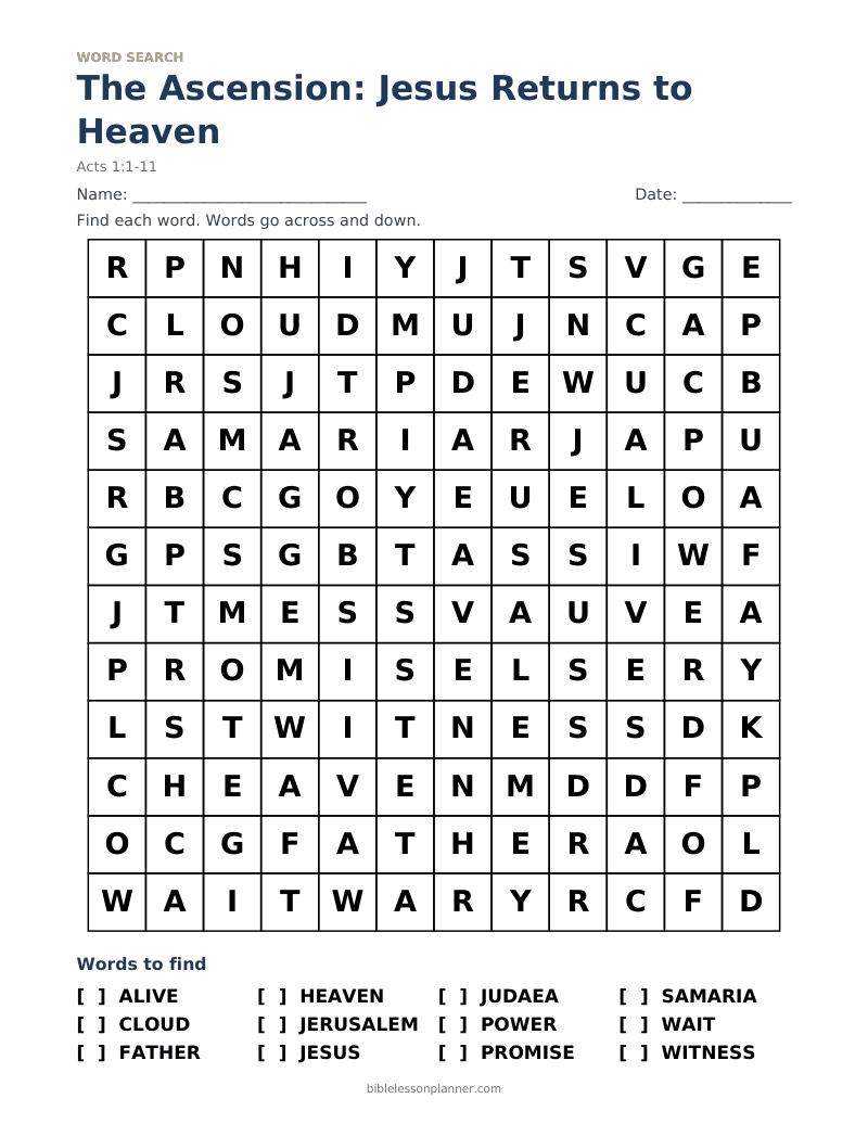 The Ascension: Jesus Returns to Heaven Bible word search to print, with words like ALIVE, CLOUD, FATHER and more