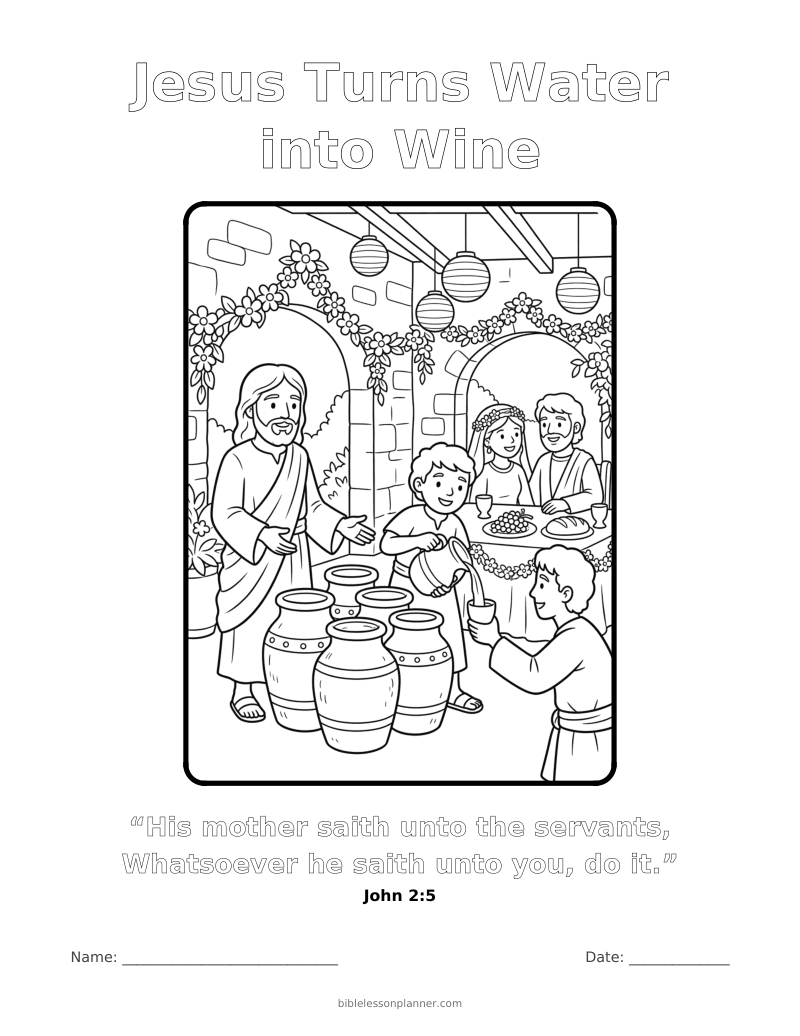 Jesus Turns Water into Wine coloring page to print, with the memory verse John 2:5