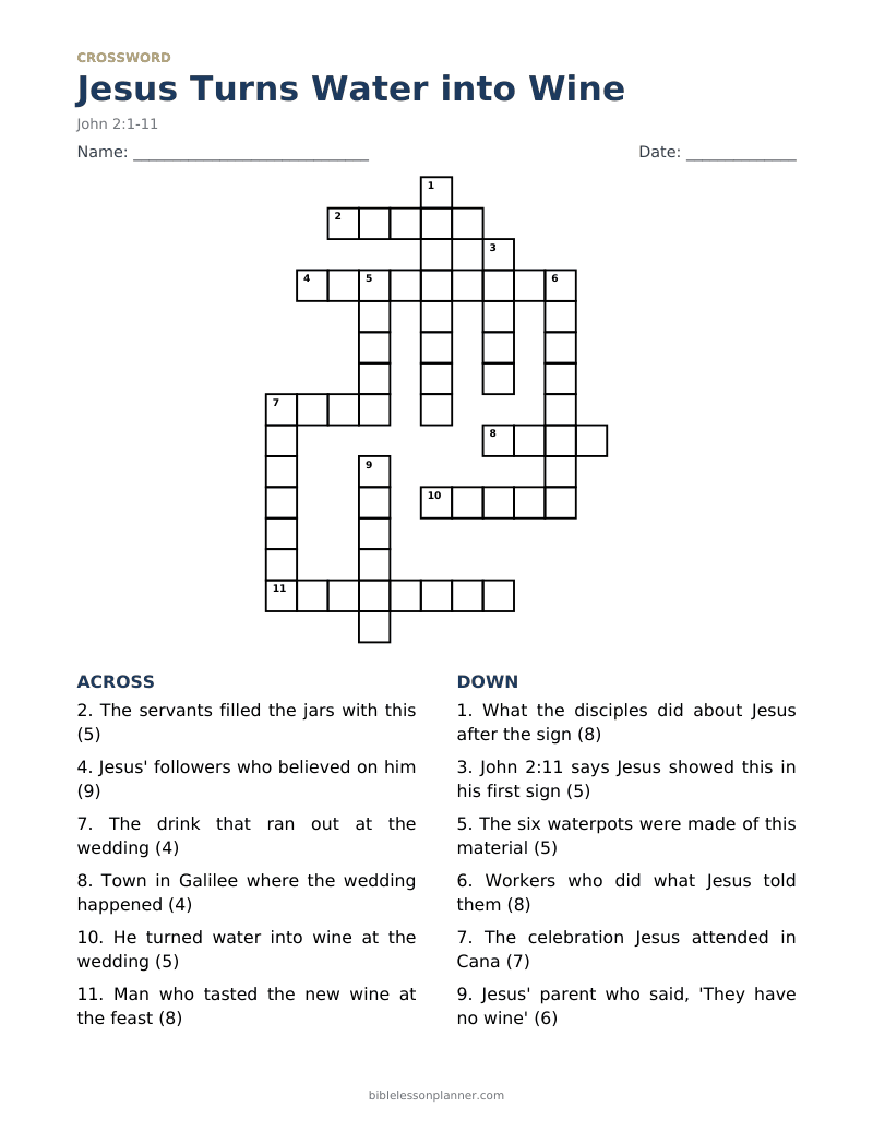 Jesus Turns Water into Wine Bible crossword puzzle to print, with across and down clues