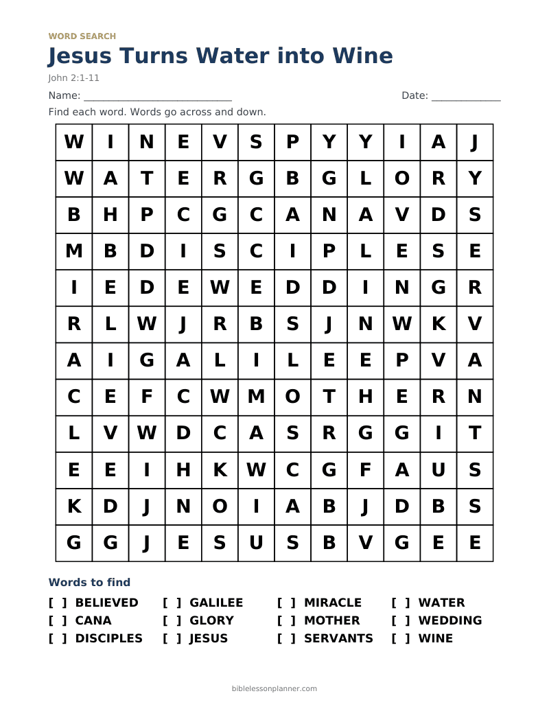 Jesus Turns Water into Wine Bible word search to print, with words like BELIEVED, CANA, DISCIPLES and more