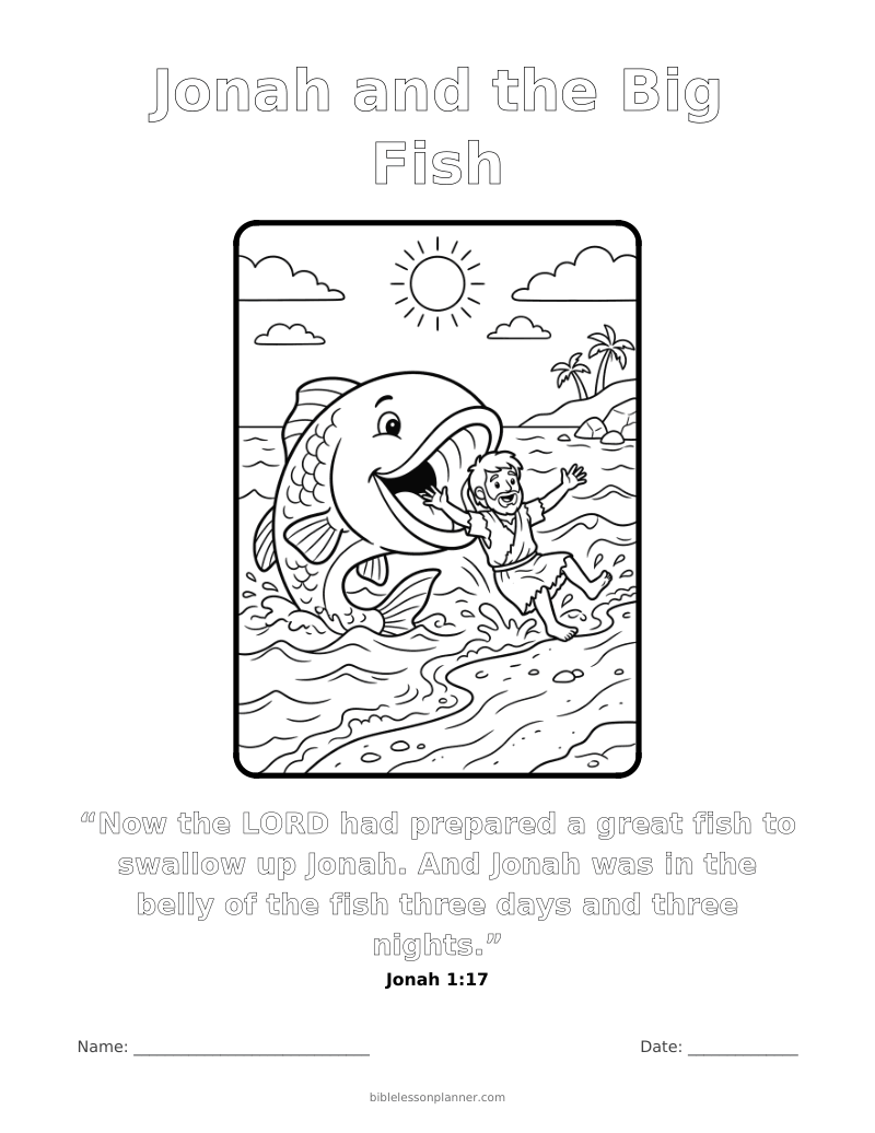 Jonah and the Big Fish coloring page to print, with the memory verse Jonah 1:17