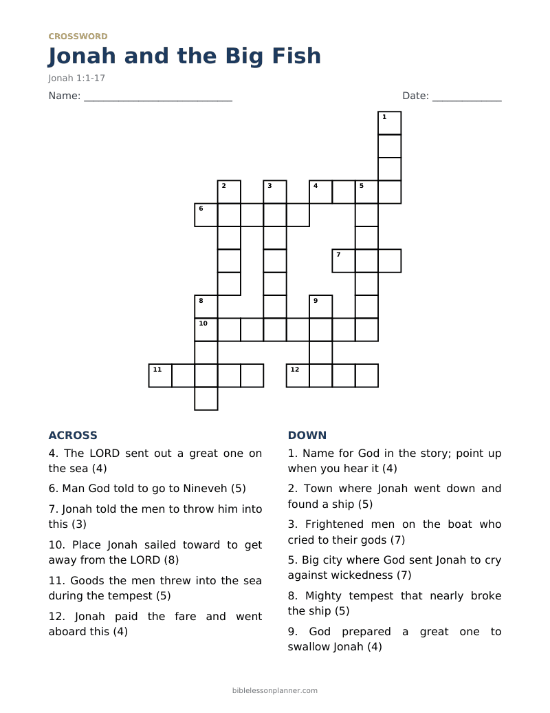 Jonah and the Big Fish Bible crossword puzzle to print, with across and down clues