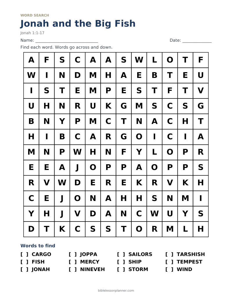 Jonah and the Big Fish Bible word search to print, with words like CARGO, FISH, JONAH and more