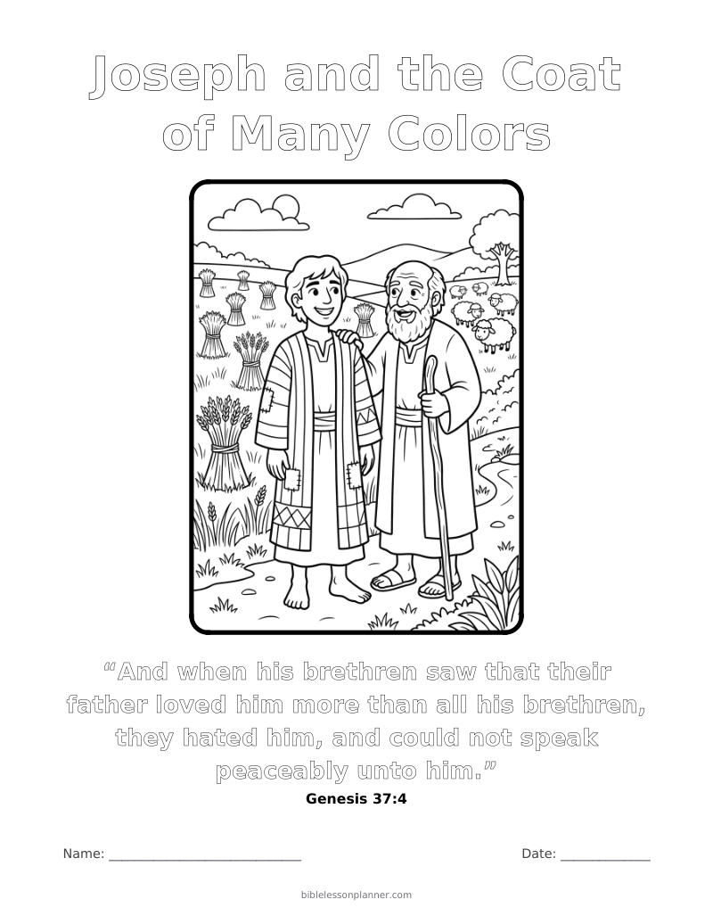 Joseph and the Coat of Many Colors coloring page to print, with the memory verse Genesis 37:4