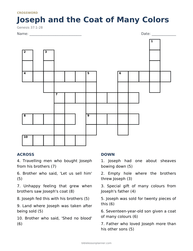 Joseph and the Coat of Many Colors Bible crossword puzzle to print, with across and down clues
