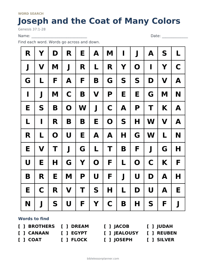 Joseph and the Coat of Many Colors Bible word search to print, with words like BROTHERS, CANAAN, COAT and more