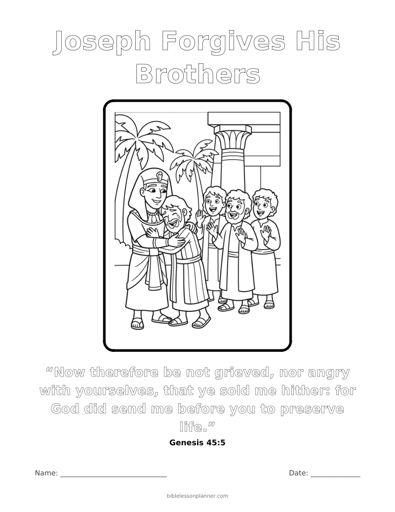 Joseph Forgives His Brothers coloring page to print, with the memory verse Genesis 45:5