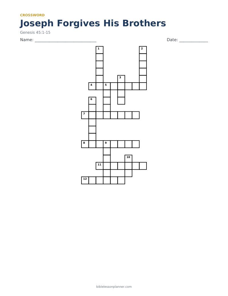 Joseph Forgives His Brothers Bible crossword puzzle to print, with across and down clues