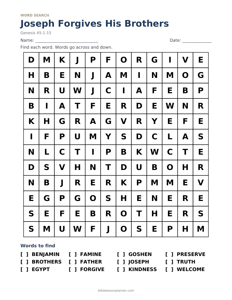 Joseph Forgives His Brothers Bible word search to print, with words like BENJAMIN, BROTHERS, EGYPT and more