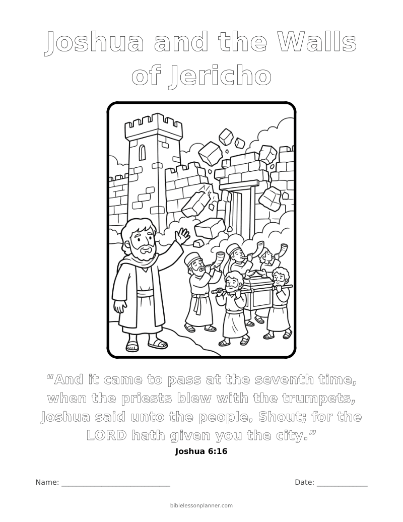 Joshua and the Walls of Jericho coloring page to print, with the memory verse Joshua 6:16