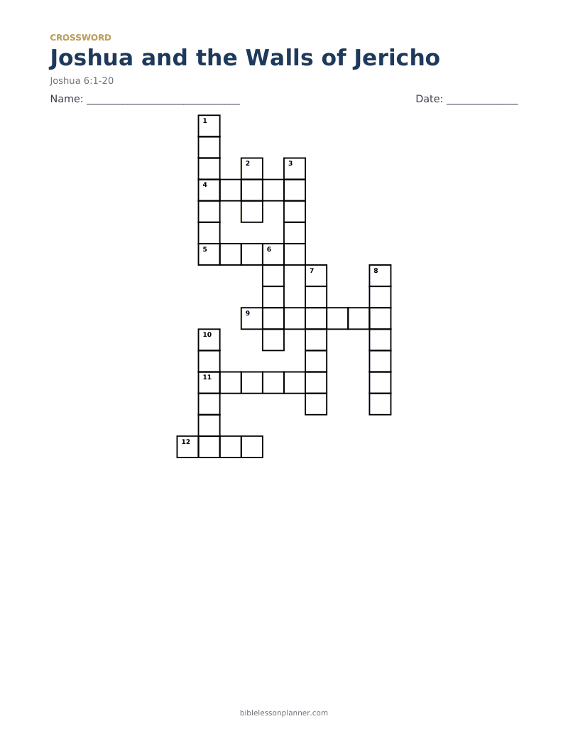 Joshua and the Walls of Jericho Bible crossword puzzle to print, with across and down clues