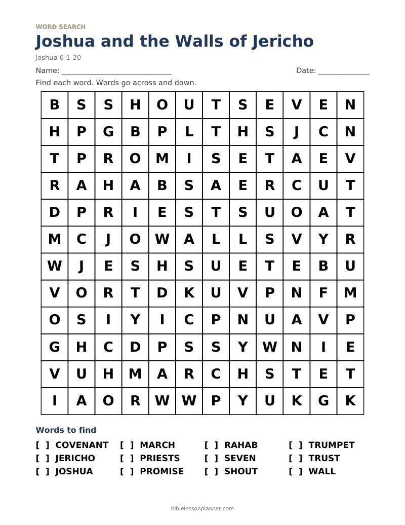 Joshua and the Walls of Jericho Bible word search to print, with words like COVENANT, JERICHO, JOSHUA and more