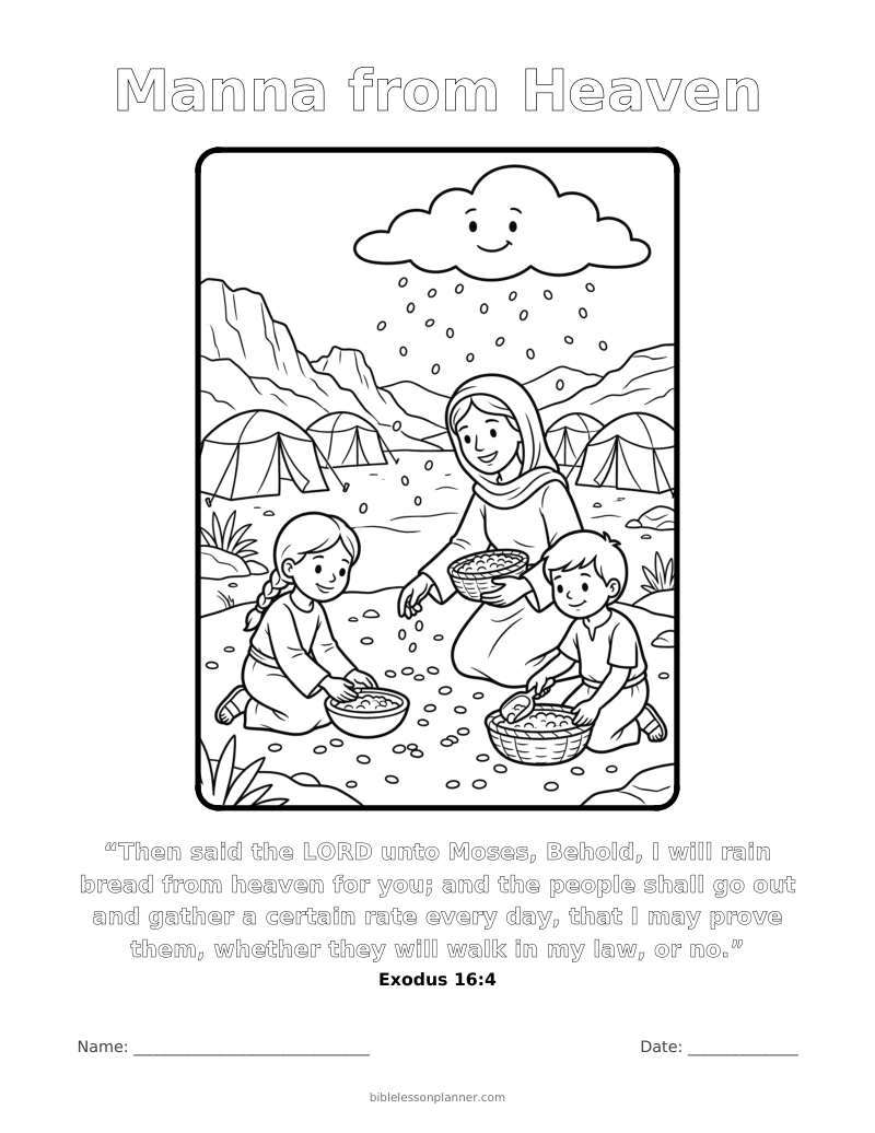Manna from Heaven coloring page to print, with the memory verse Exodus 16:4