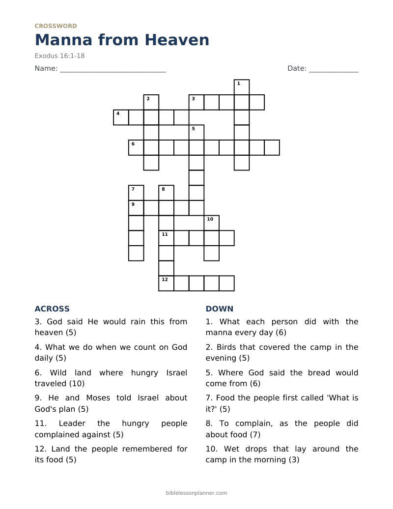 Manna from Heaven Bible crossword puzzle to print, with across and down clues