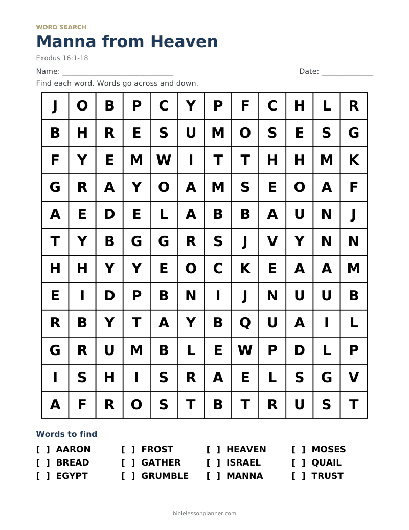 Manna from Heaven Bible word search to print, with words like AARON, BREAD, EGYPT and more
